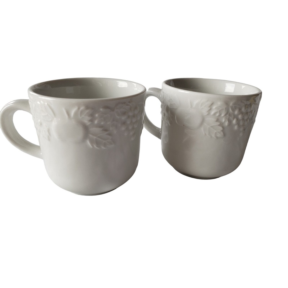 2 Gibson Coffee Cup White Embossed Raised Lattic Fruit Flowers Fine China Mug